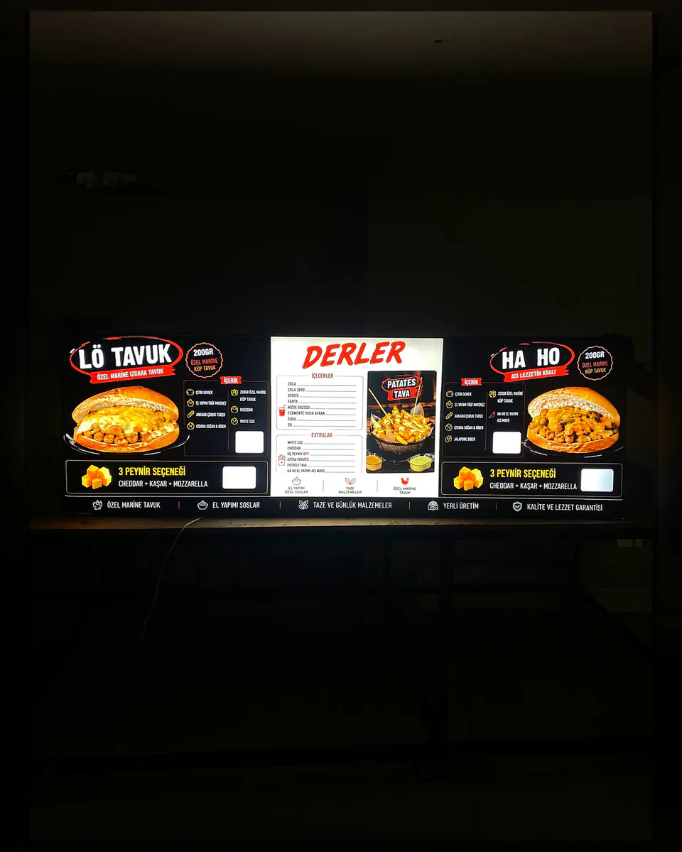 Derler Işıklı Menü Panosu ve Neon Tabela görsel çalışması
