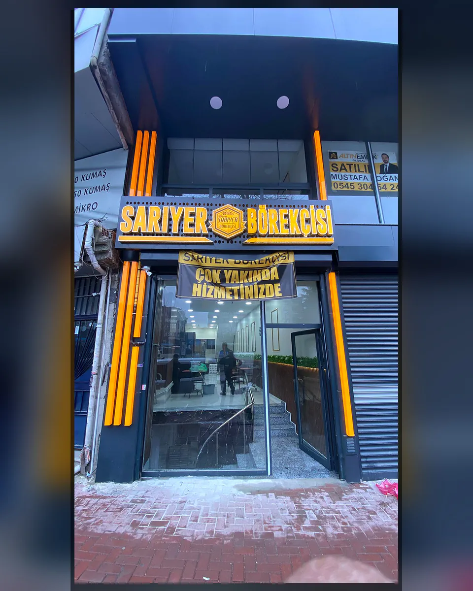 OVEC Reklam tarafından uygulanan ışıklı tabela, kutu harf ve cephe kaplama - Sarıyer Börekçisi — Uygulama fotoğrafı 03