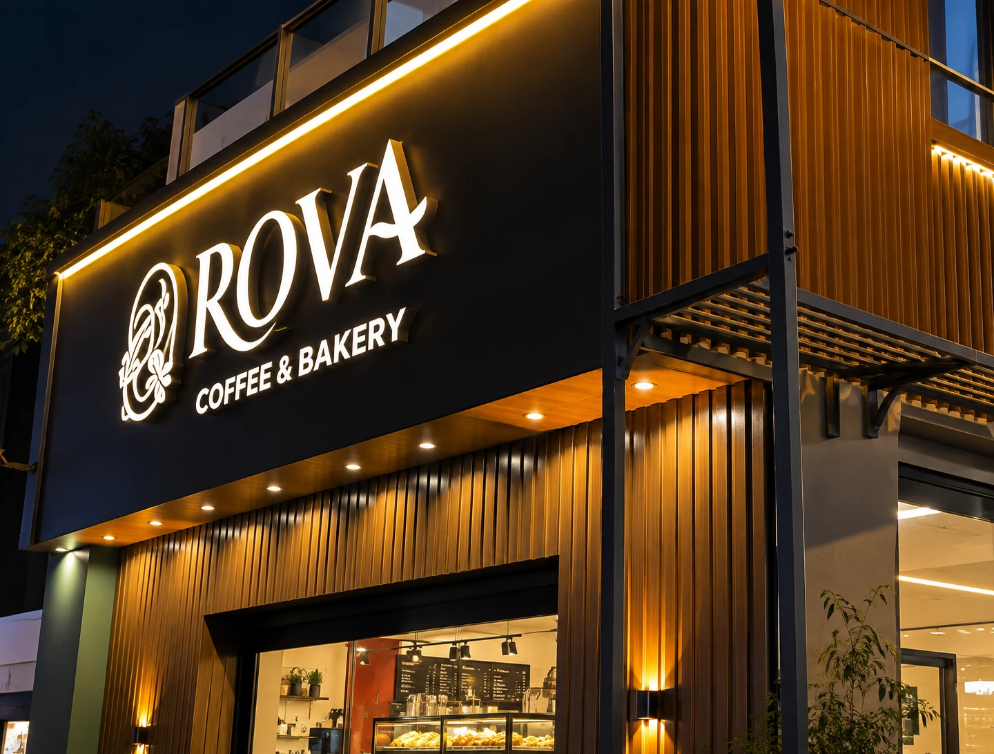 Rova Coffee & Bakery cephesinde gece: siyah kompozit pano üzerinde beyaz önden ışıklı ROVA kutu harfleri, monogram ve COFFEE & BAKERY alt satırı; panonun üst kenarında sıcak tonlu LED şerit, ahşap lamel kaplamada gömme spotlar